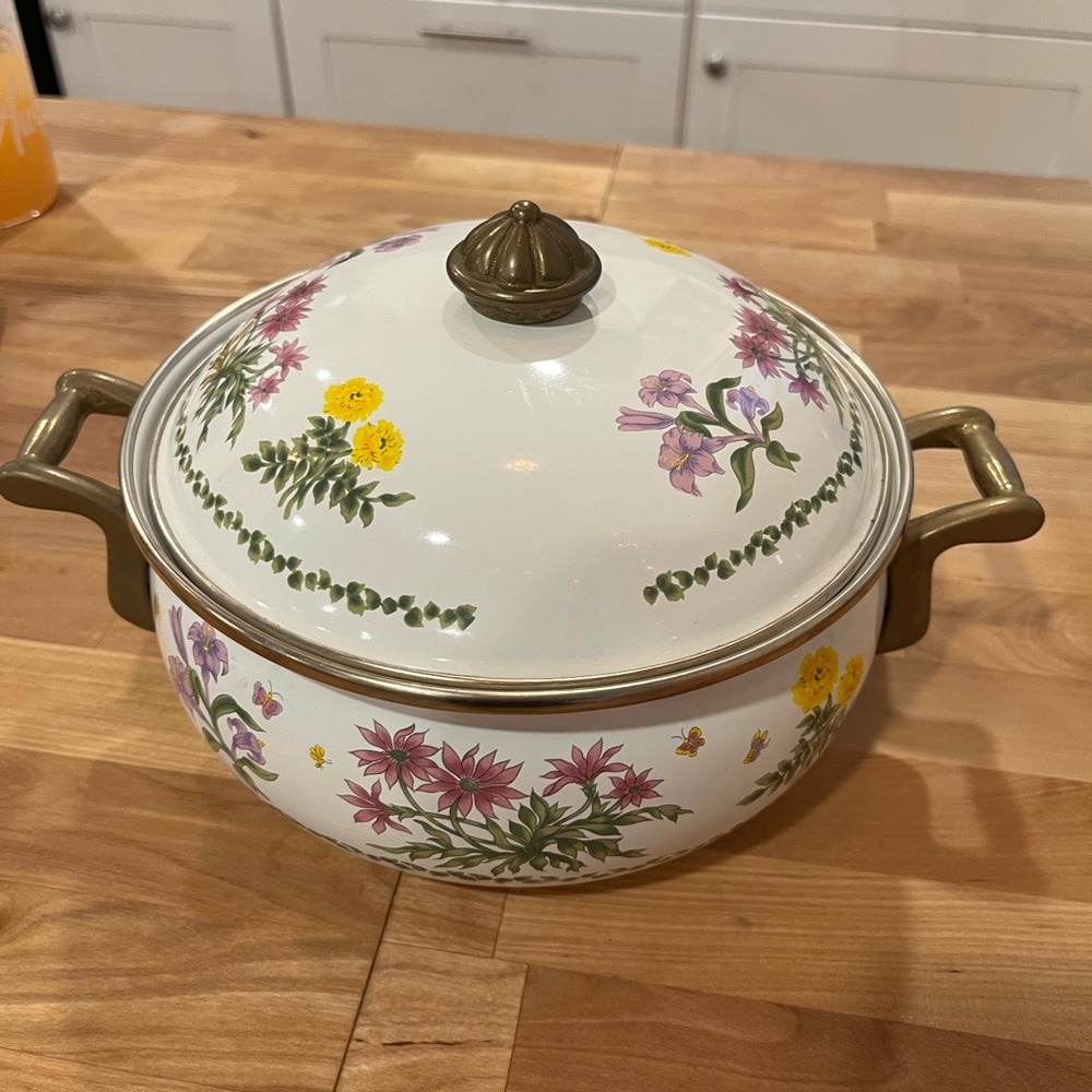 Vintage Lincoware Floral Enamel Casserole Pot with Lid